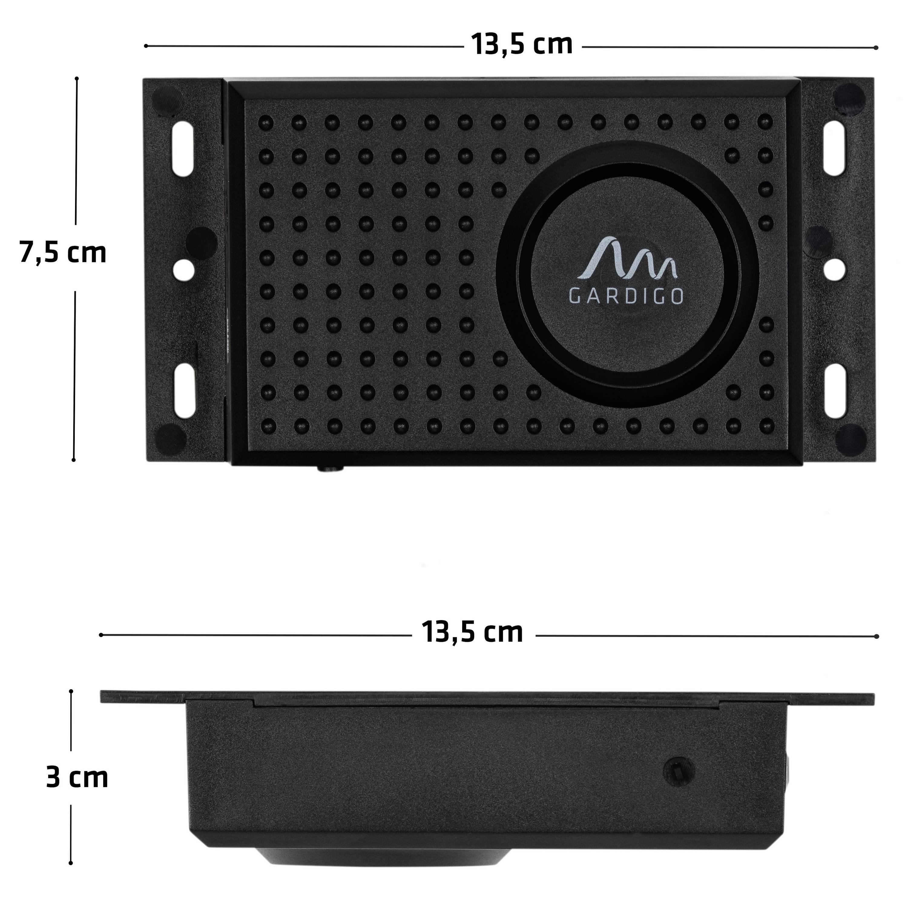 Illustration of a black device with the 'Gardigo' logo. Dimensions: 13.5 cm width, 7.5 cm height and 3 cm depth.