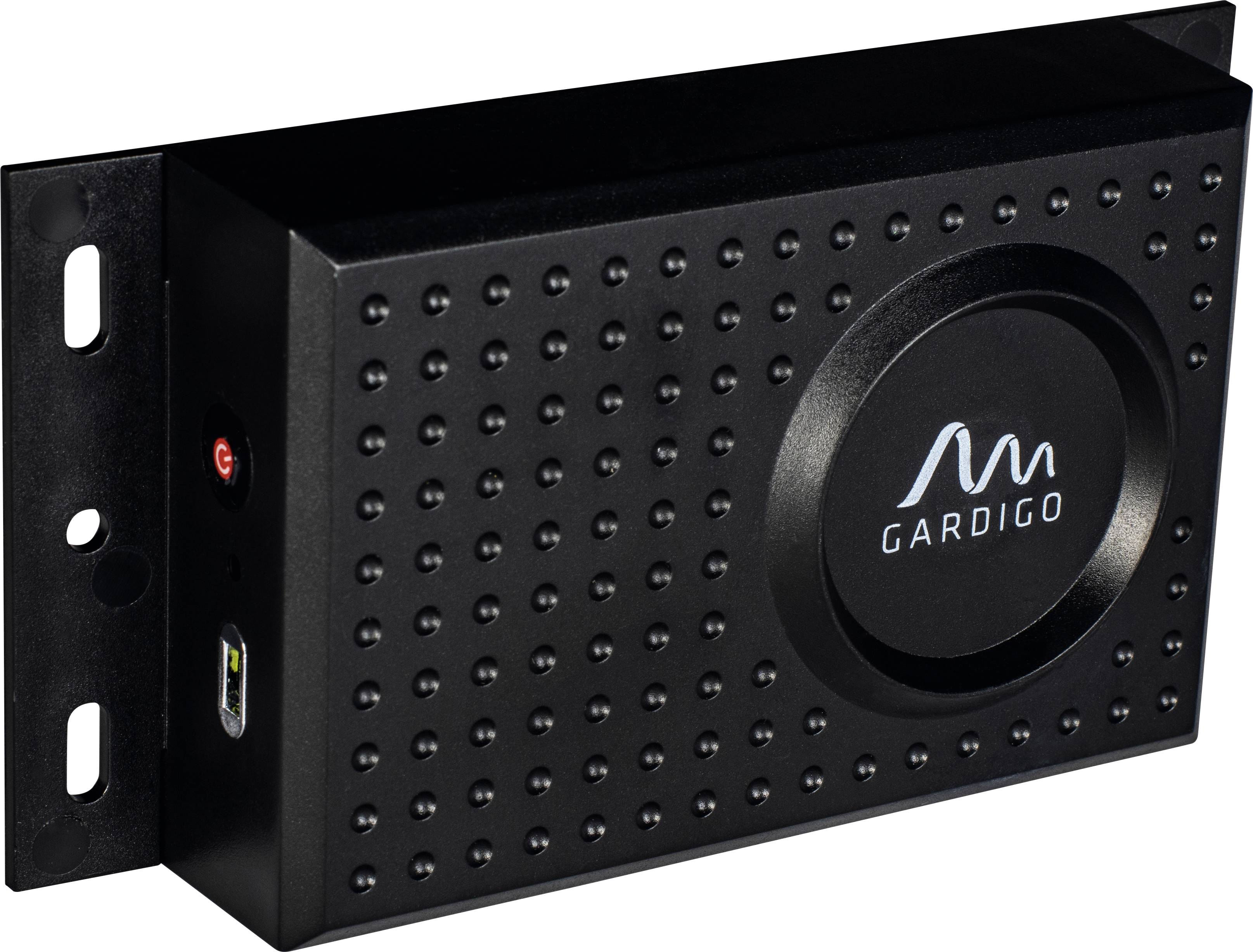 A rectangular black device with a round logo and the 'Gardigo' lettering on the front, mounted on a bracket.