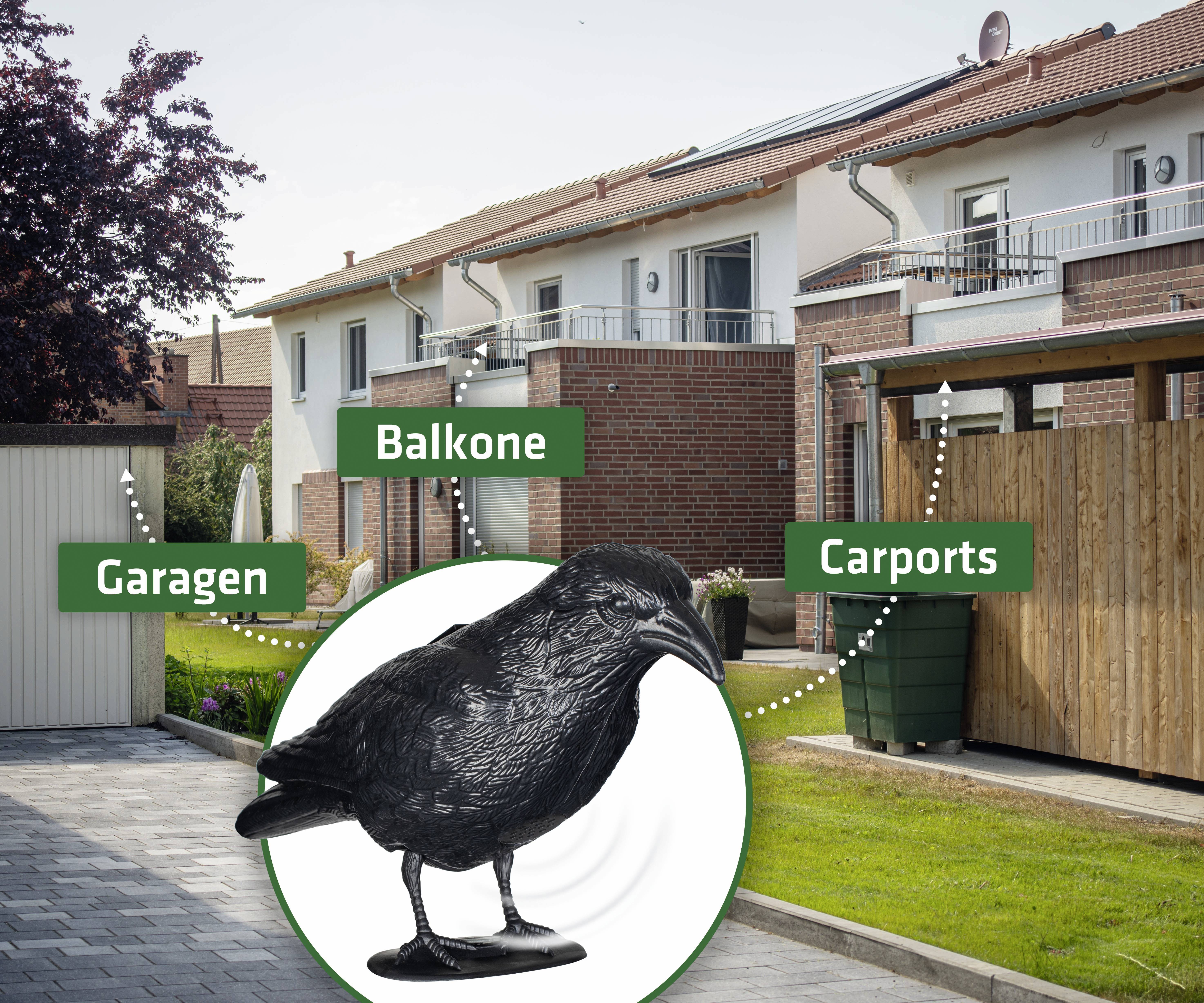 'Terraced houses with balconies, carports and garages.' In the foreground, a crow decoy is situated, surrounded by markings indicating the building components.
