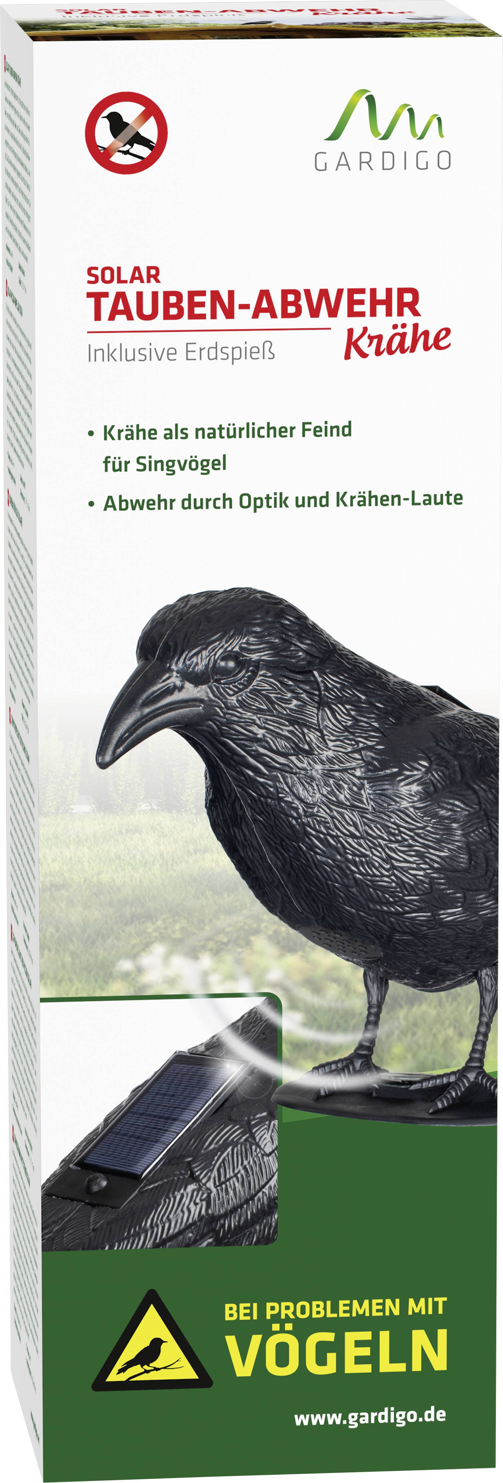 'Packaging for Solar Pigeon Deterrent Crow. Includes pictures of a crow and the note 'For bird-related problems'.'