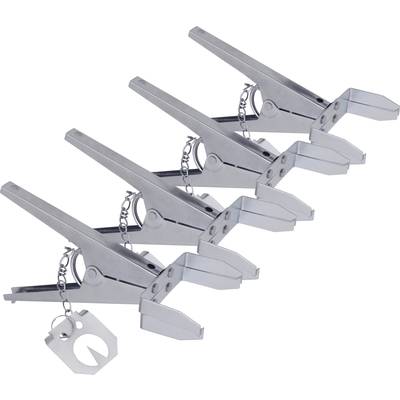 Four silver metal clips in a row, with small chains and key rings, on a white background.