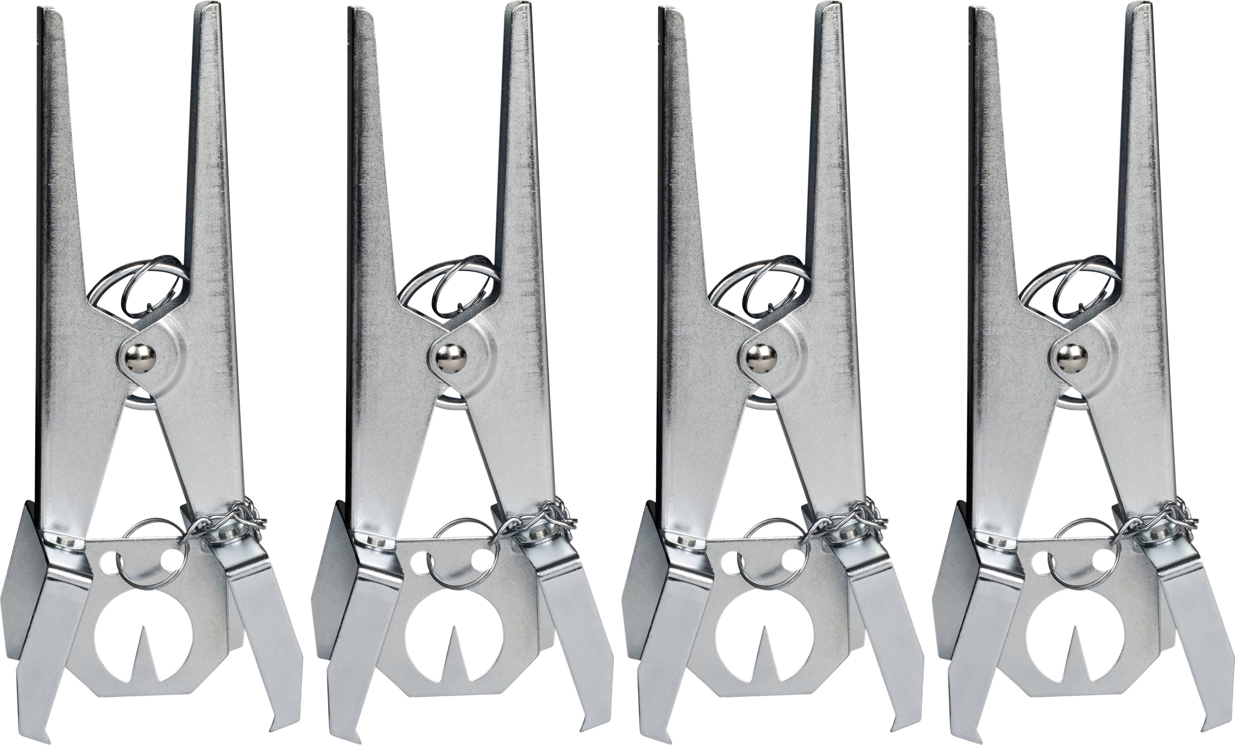 Five silver metal clips lined up in a row, with spring mechanism visible, on a white background.