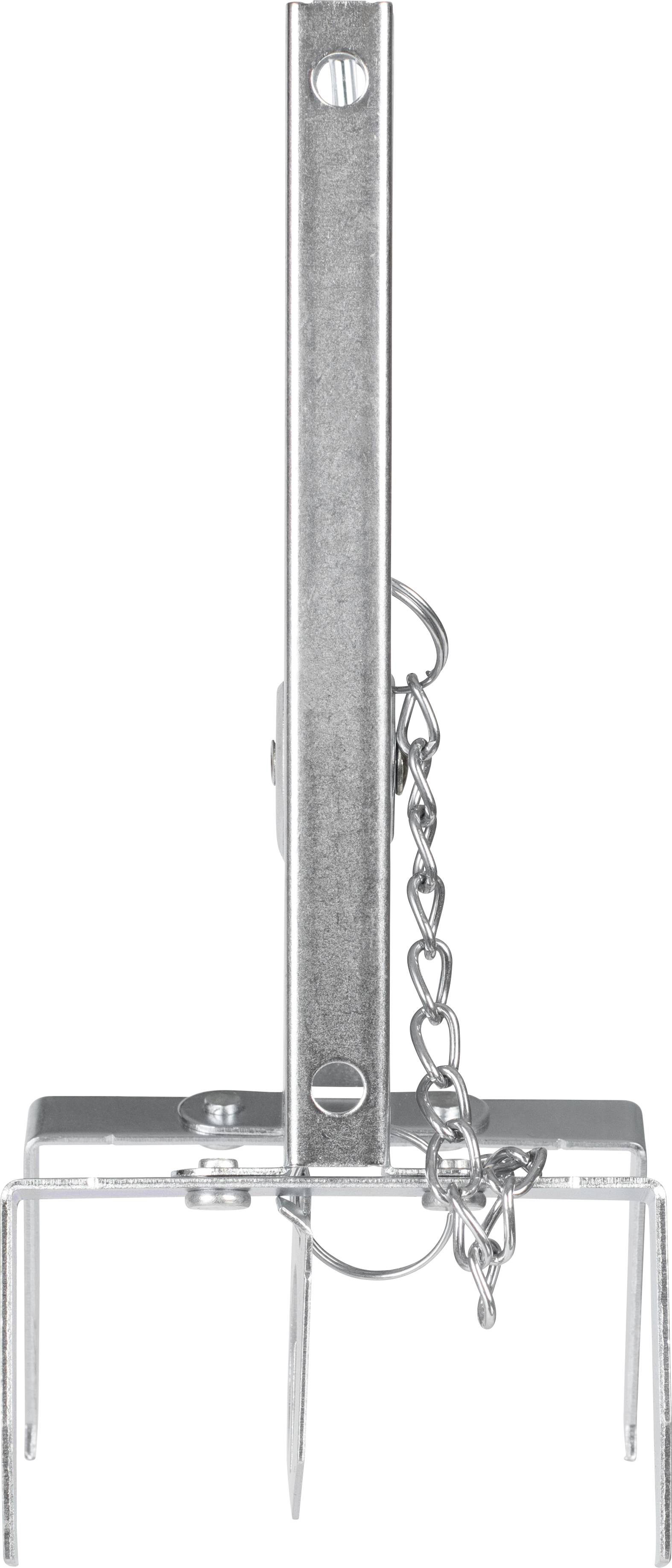 Metallic garden decoration stand with chain embellishment, suitable for securing in soft ground.