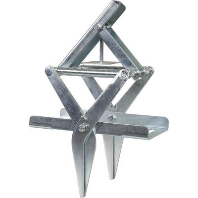 A galvanised adjustable wedge with two flanges and a spring, used for securing and stabilising components.
