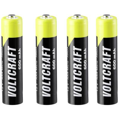 Four yellow-black AAA batteries by Voltcraft with a capacity of 600 mAh.