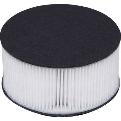 Round air filter with black end caps and white pleats in the middle.