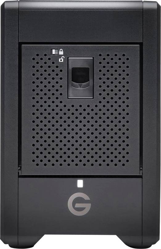 A black, square server enclosure with ventilation holes and a security lock on the front. A 'G' logo is located at the bottom.