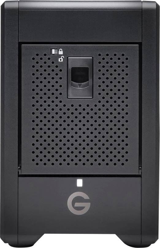 A black, tower-like electronic device with a G symbol at the bottom. A lock symbol is depicted at the top.