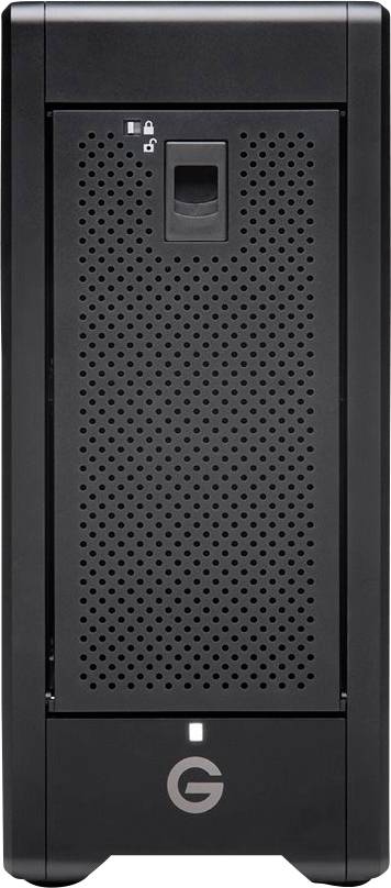 Black external hard drive enclosure with ventilation grille and lock indicator on the front. Suitable for data storage.