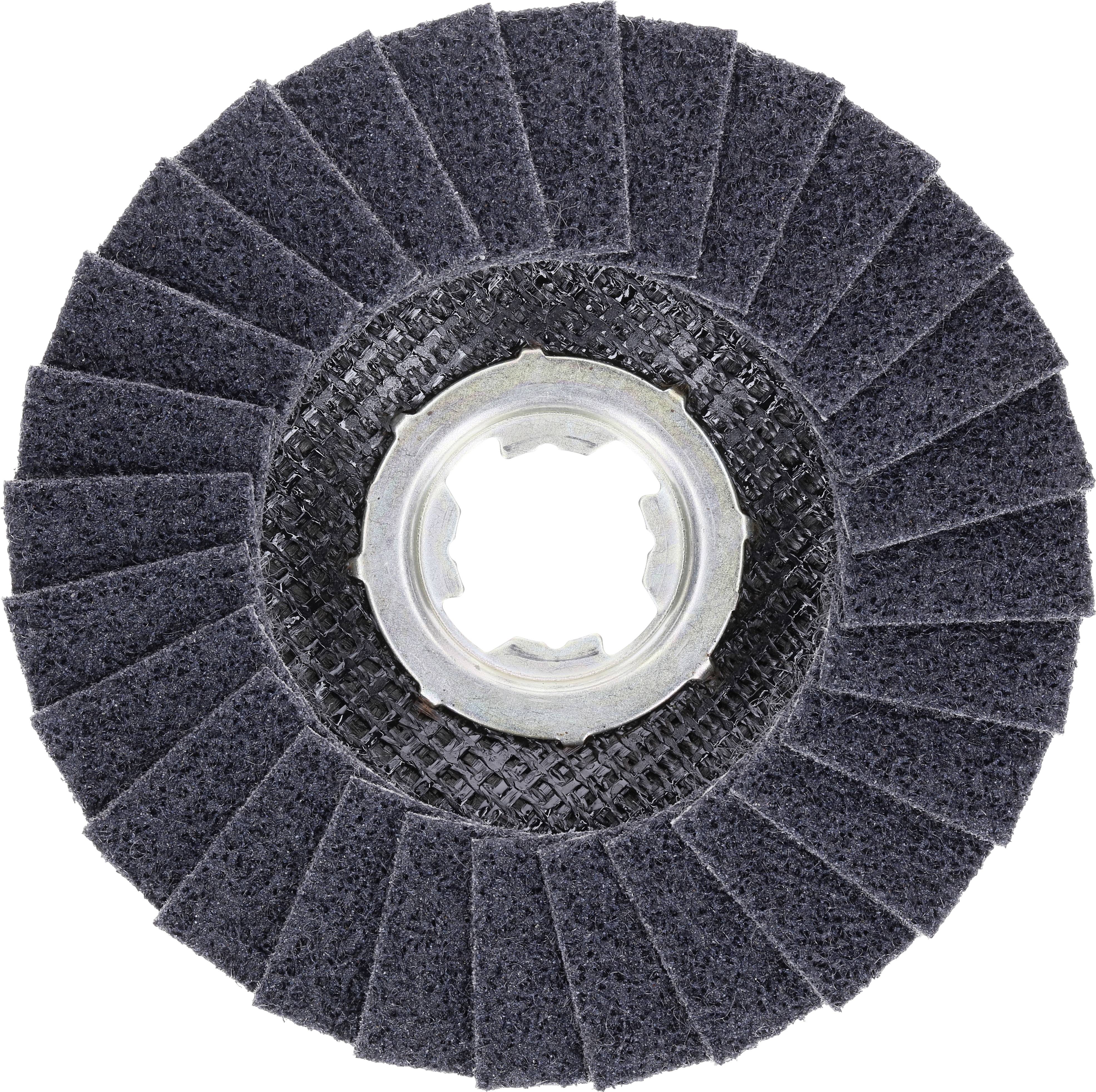 Grinding disc with a black disc surface and central mounting, used for smoothing or removing material surfaces.