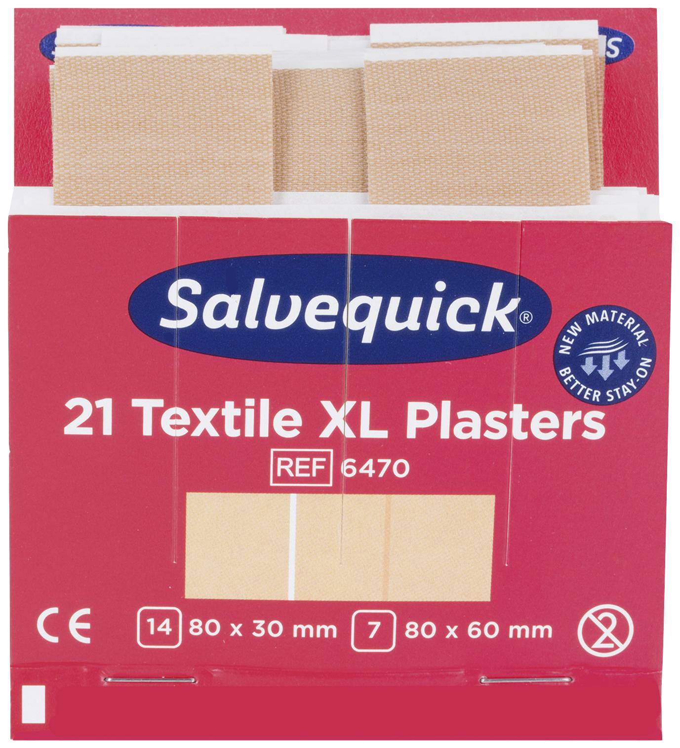 'Salvequick 21 Textile XL Plasters', red box with 21 plasters in various sizes: 14 pieces 80 x 30 mm, 7 pieces 80 x 60 mm.