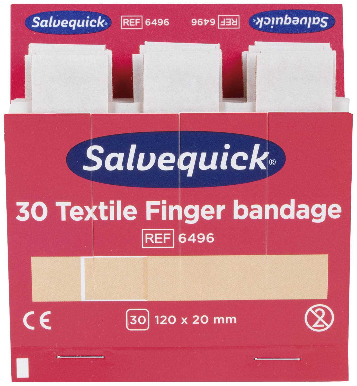 A red packaging for 30 textile finger plasters by Salvequick, Ref 6496, size 120 x 20 mm.