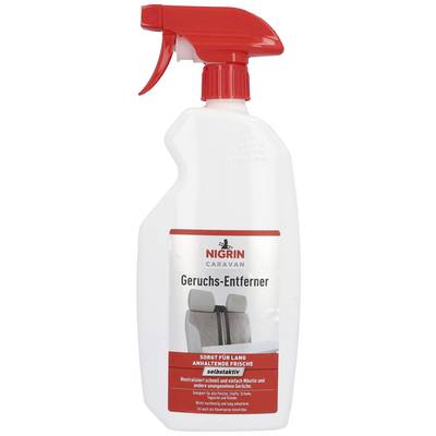 A white spray bottle with a red cap by the brand 'Nigrin Caravan', labelled as an 'Odour Remover' for long-lasting freshness.