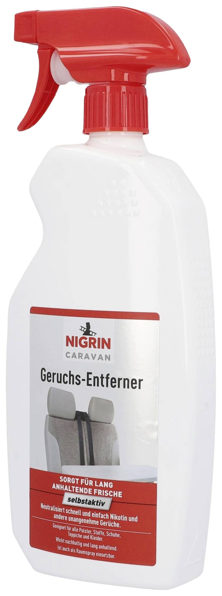 Nigrin Caravan Odour Remover Spray Bottle for Eliminating Unpleasant Odours in Vehicles, with Red Nozzle and Label.