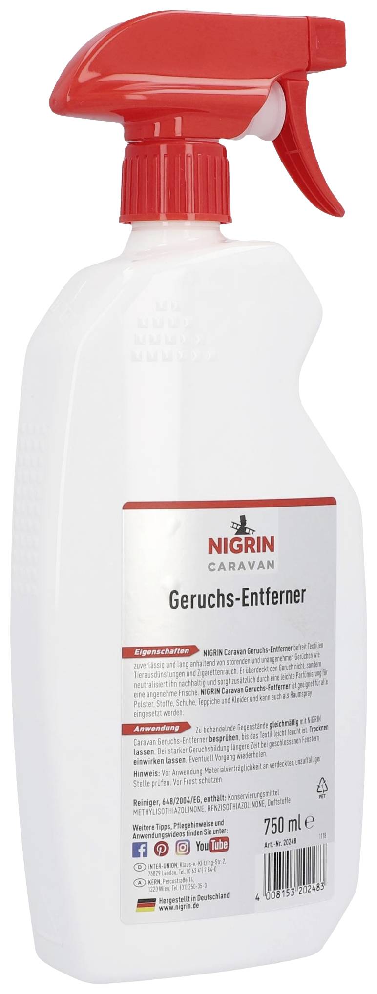 Nigrin Caravan Odour Remover Spray Bottle with Red Spray Head, 750 ml. Label describes method of use and safety instructions.