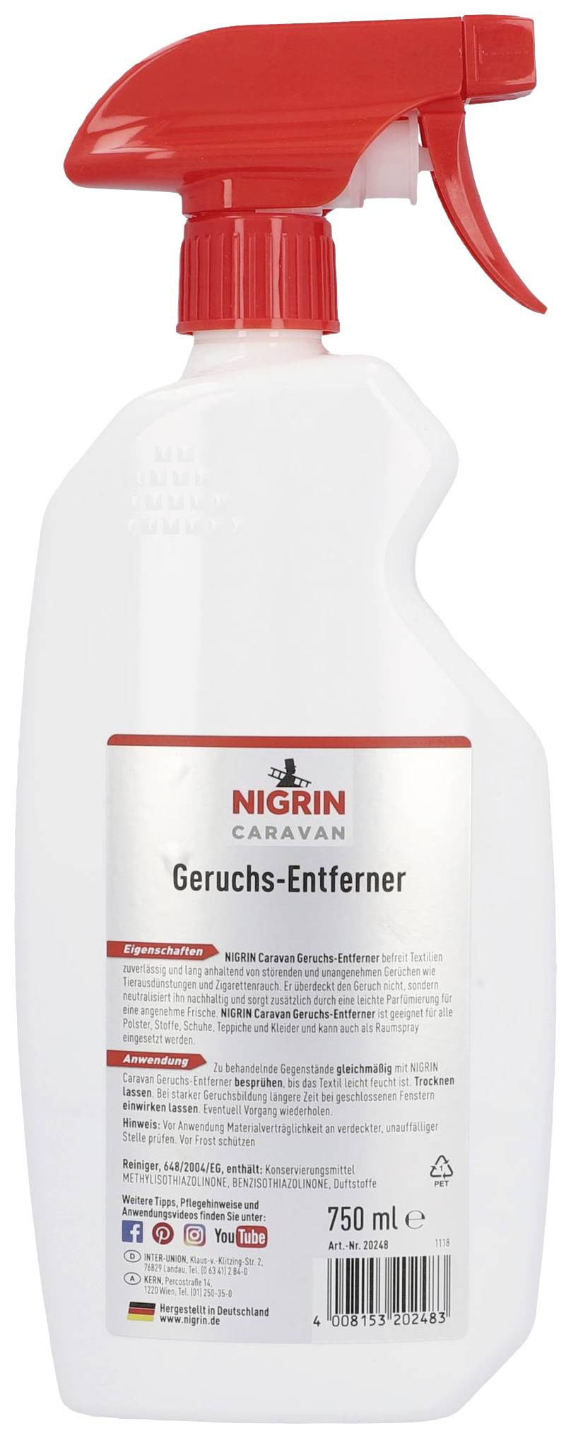 Spray bottle with a red trigger, labelled as 'Nigrin Caravan Odour Remover', volume 750 ml.