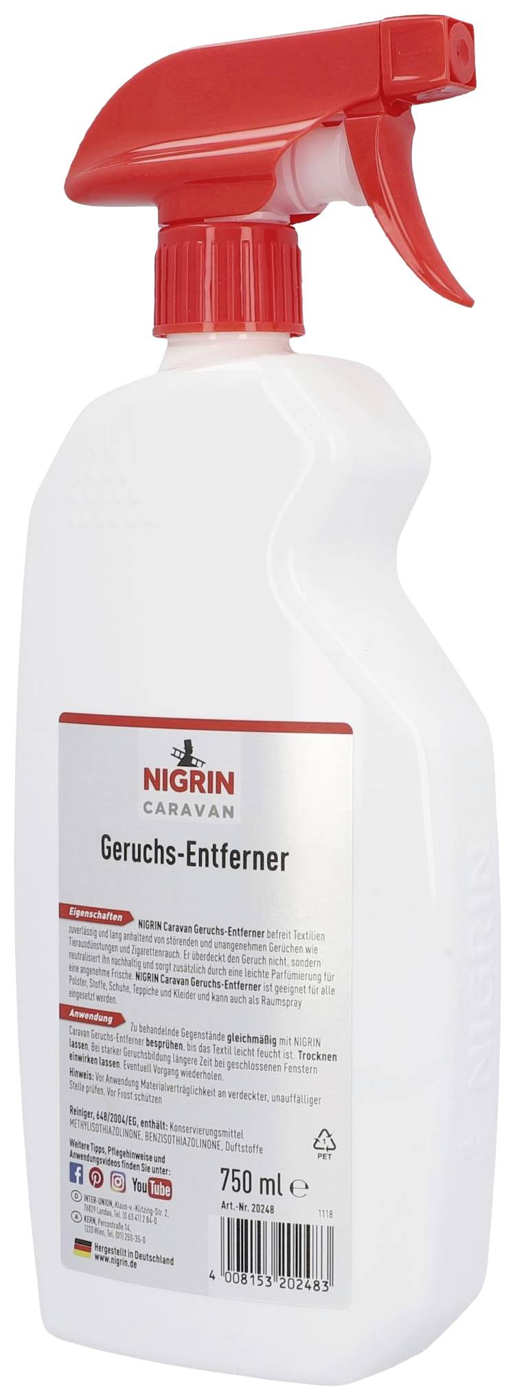A white spray bottle by Nigrin with a red spray nozzle, labelled as 'Odour Remover' for caravans, 750 ml contents.