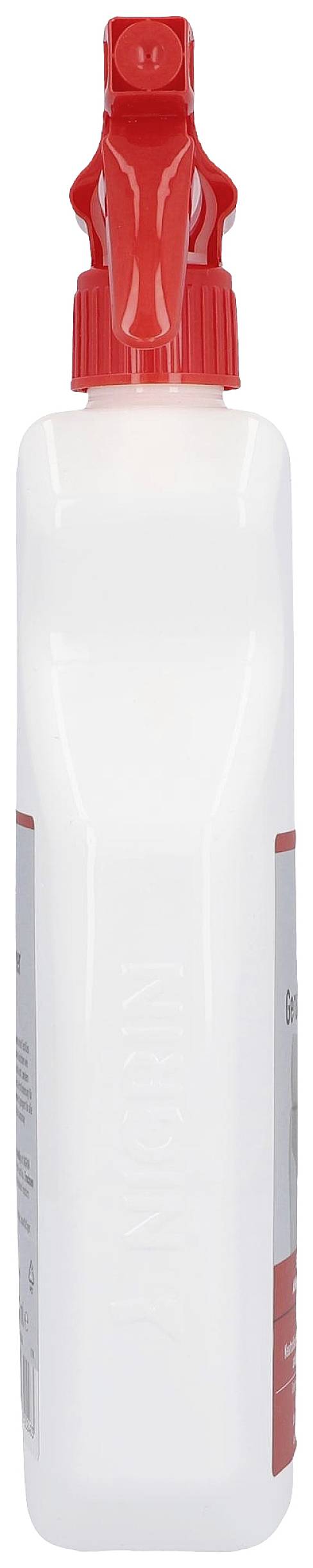 White plastic spray bottle with a red spray nozzle, standing upright.