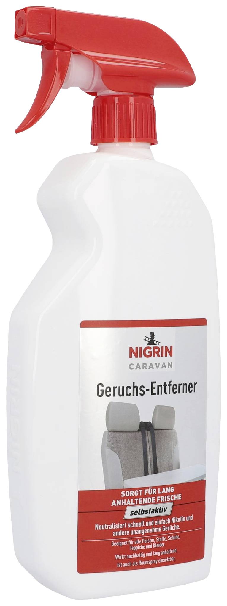 Red-capped spray bottle. Printed label: 'Nigrin Caravan Odour Remover'. Product for neutralising odours.