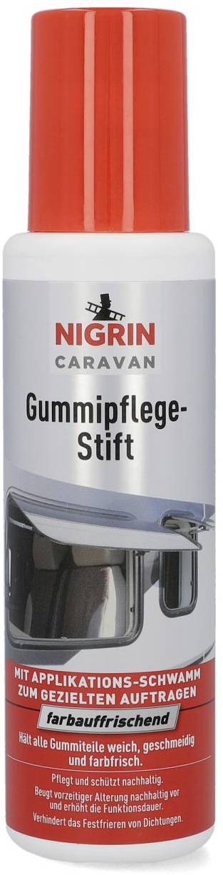 The image shows a 'Nigrin Caravan Rubber Care Stick' with a red cap, designed for protecting and preserving rubber seals.