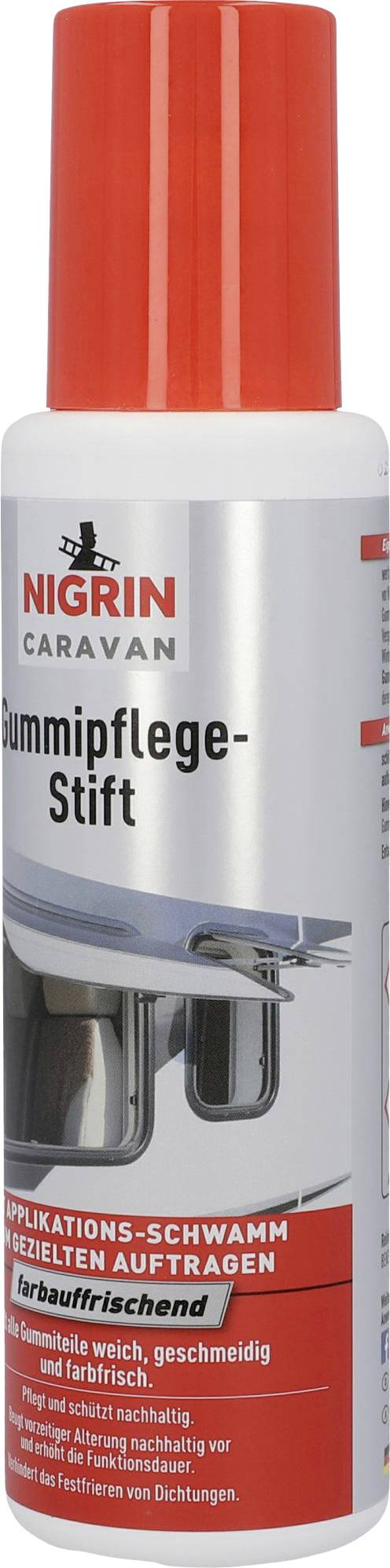 Bottle with red cap and label 'NIGRIN Caravan Rubber Care Stick'. For maintaining rubber seals on vehicles.