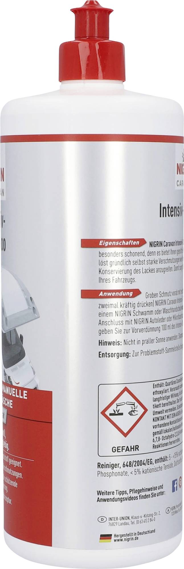 Bottle with red lid, contains "Intensive Polish", a car paint cleaning product. Application instructions and warning notices printed.