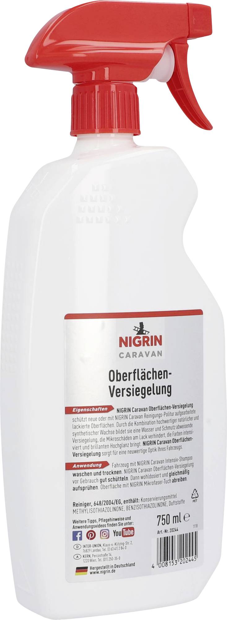 A white spray bottle with a red spray nozzle, labelled 'Nigrin Caravan Surface Sealant', contains 750 ml.