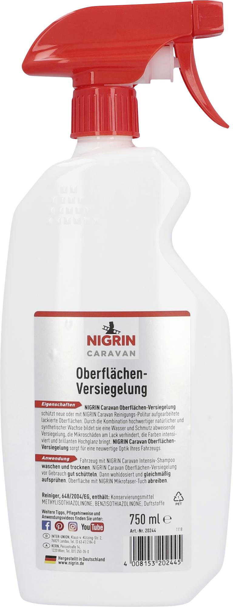 Spray bottle with red spray nozzle, label 'Nigrin Caravan Surface Sealant', 750 ml, cleans and protects surfaces.