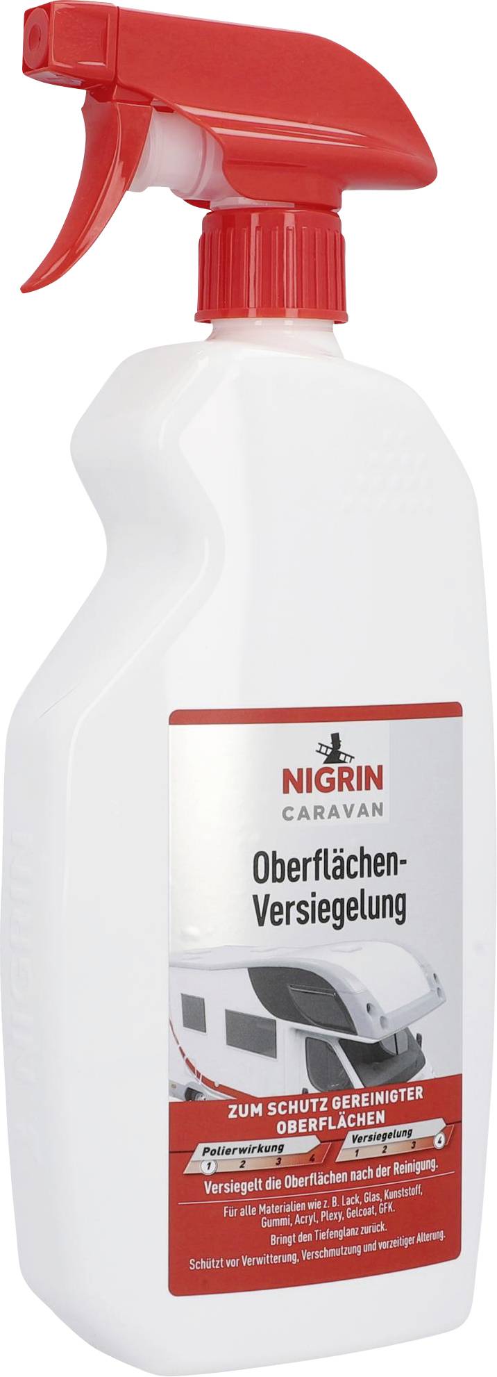 The image shows a bottle of Nigrin Caravan Surface Sealant with a red spray nozzle. For protecting cleaned surfaces.