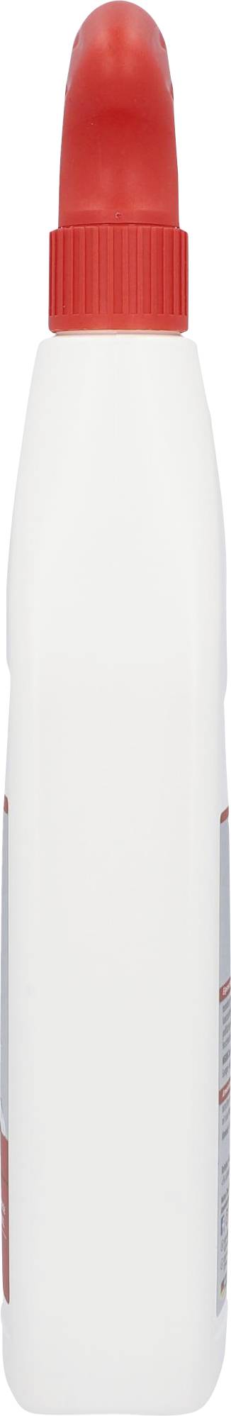 White plastic bottle with a red lid, standing vertically.