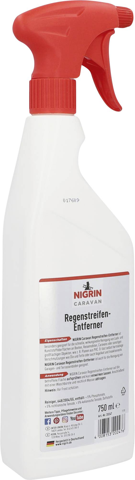 Spray bottle with a red trigger and label 'Nigrin Caravan Rain Streak Remover'. Contains cleaning instructions and safety information.