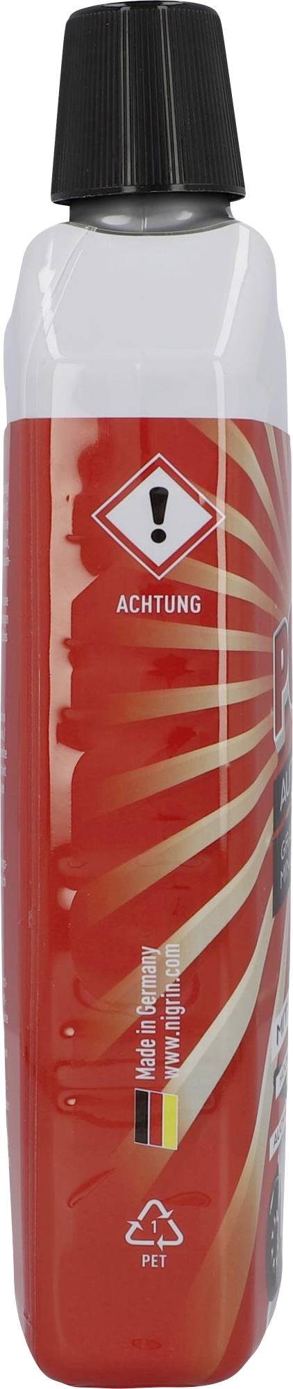 Plastic bottle with a red label, hazard symbol, marked with 'Warning'. Contains cleaning solution. Recycling symbol underneath, material PET.