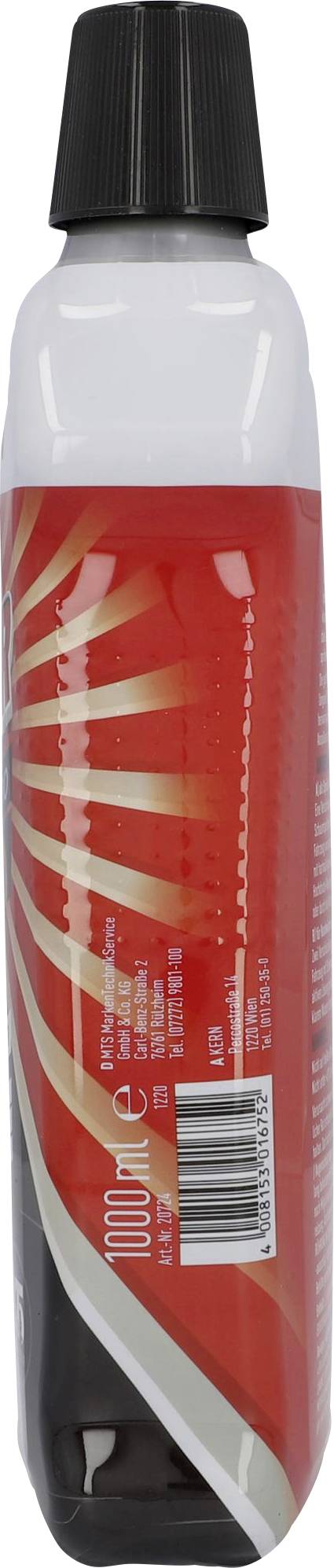 Bottle with a red label and black cap. Contains barcode and text elements.