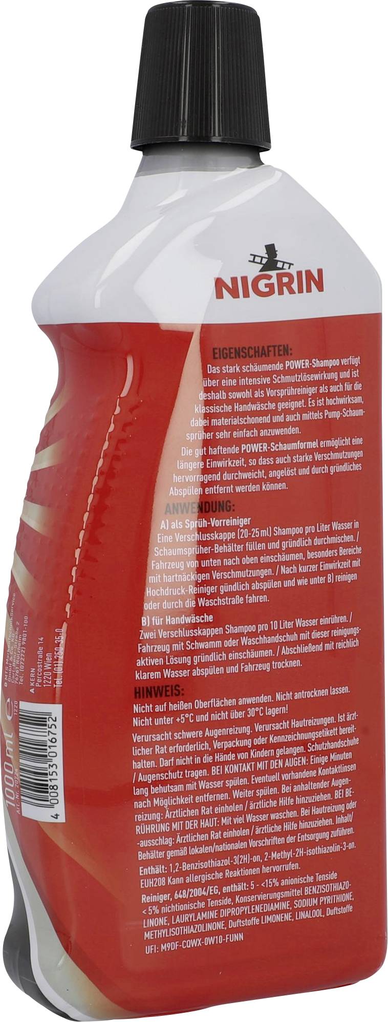 Bottle with red packaging and black cap, labelled 'Nigrin'. Text describes product features and usage instructions.