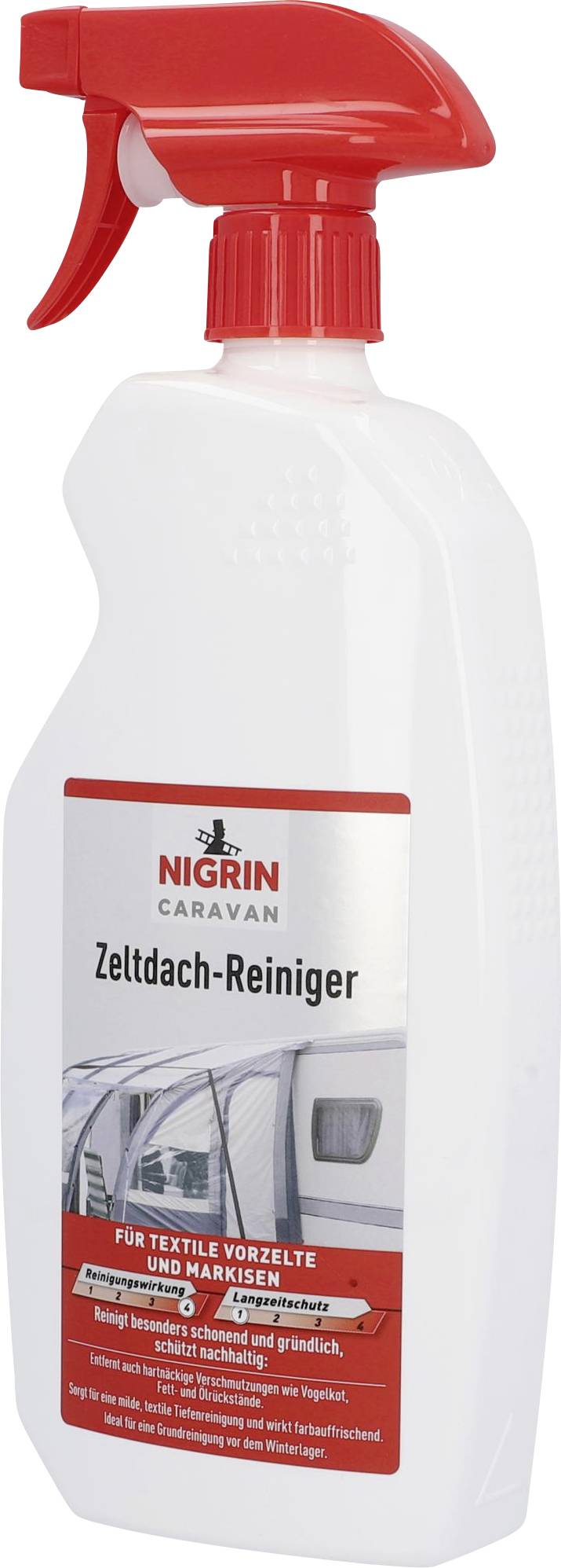 A spray bottle with a red cap containing 'Nigrin Caracan Tent Roof Cleaner', suitable for textile awnings and canopies.