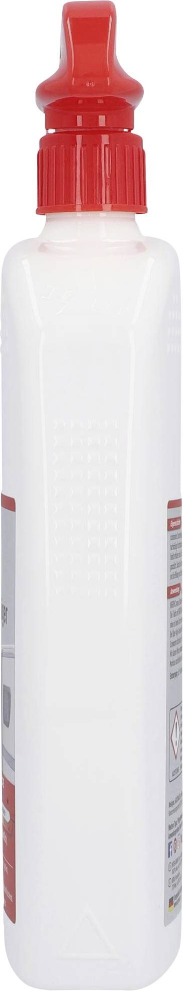 A white plastic bottle with a red lid, suitable for transporting liquids. Labels are partially visible.