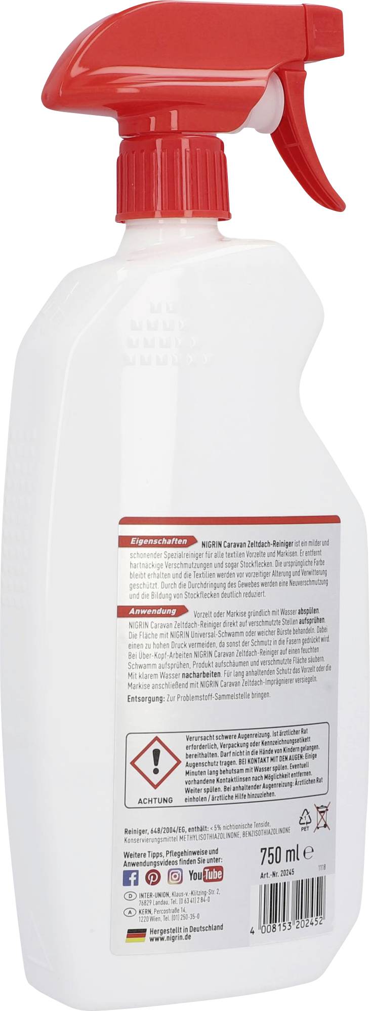 Spray bottle with a red spray nozzle, containing 750 ml of cleaning solution. Text on the back describes usage and safety warnings.