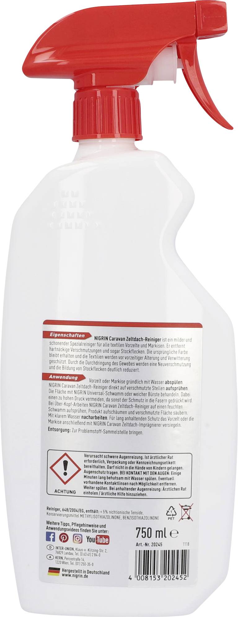 Back of a white spray bottle with a red handle. Label contains safety information, warnings, and usage instructions. 750 ml contents.