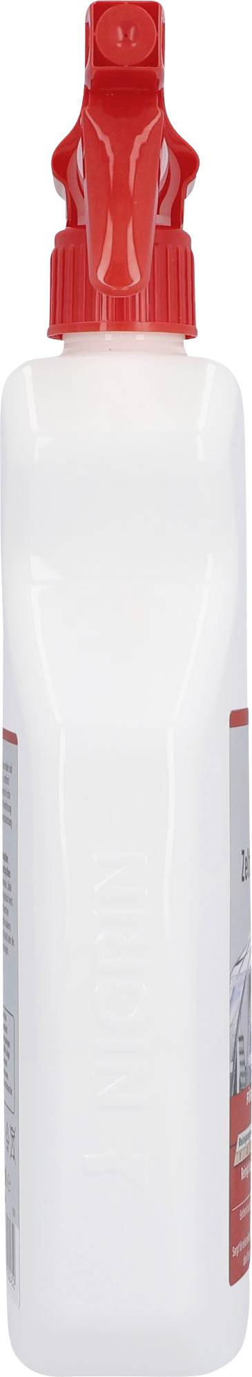 A white spray bottle with a red spray nozzle, pictured from the side, presumably for cleaning products or liquids.