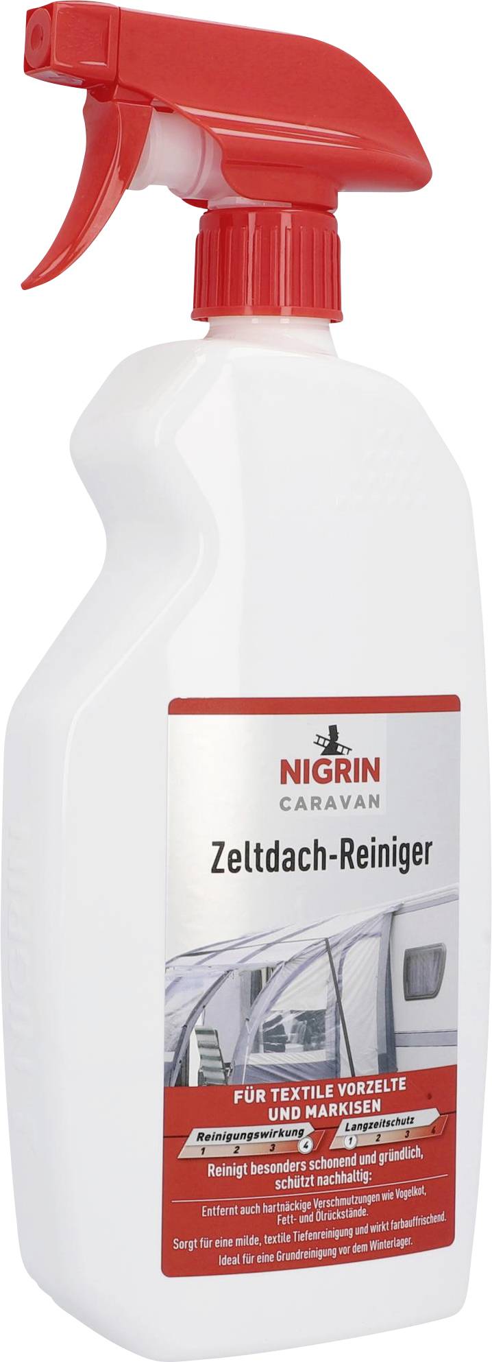 Spray bottle with a red spray nozzle, labelled as 'Nigrin Caravan Awning Cleaner'. Suitable for textile awnings and canopies.