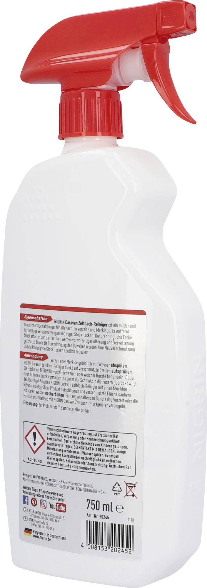Spray bottle with red trigger, white bottle, label with text and safety instructions, fill volume 750 ml.