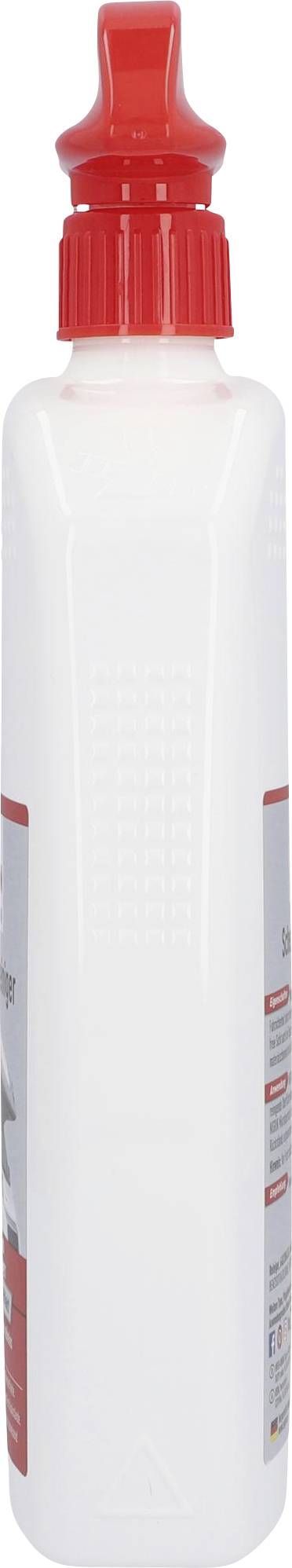 A white plastic bottle with a red lid, likely filled with liquid.