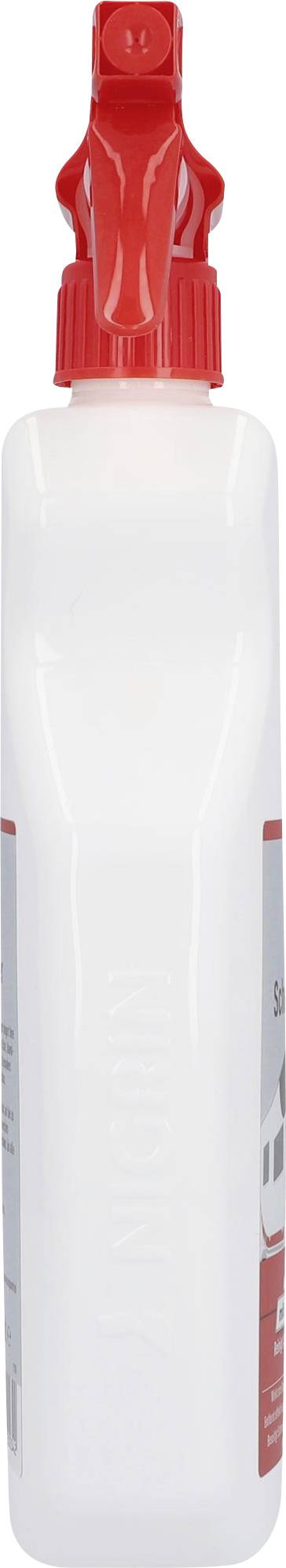 A white spray bottle with a red spray nozzle. Text and symbols on the bottle indicate cleaning purposes.