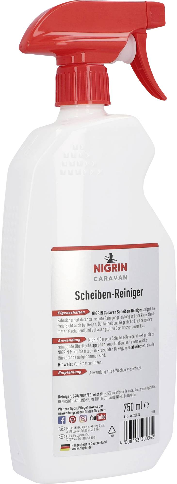 Nigrin Caravan Window Cleaner, 750 ml spray bottle with red spray nozzle. Cleans glass and plastic surfaces.
