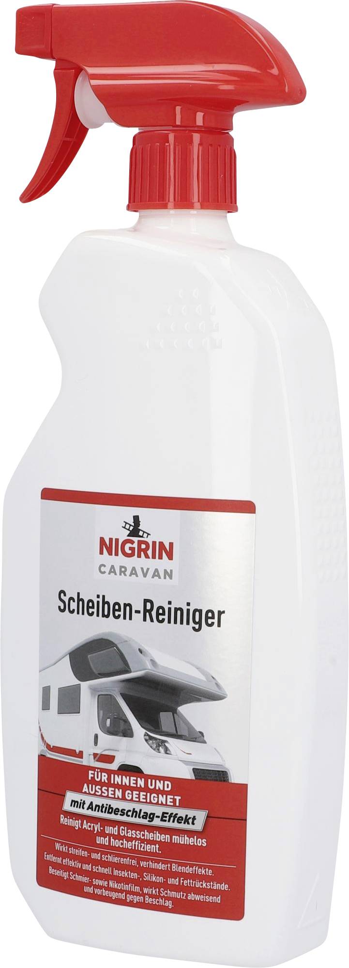 Red-topped spray bottle. Label reads: 'Nigrin Caravan Window Cleaner'. Image of a motorhome.