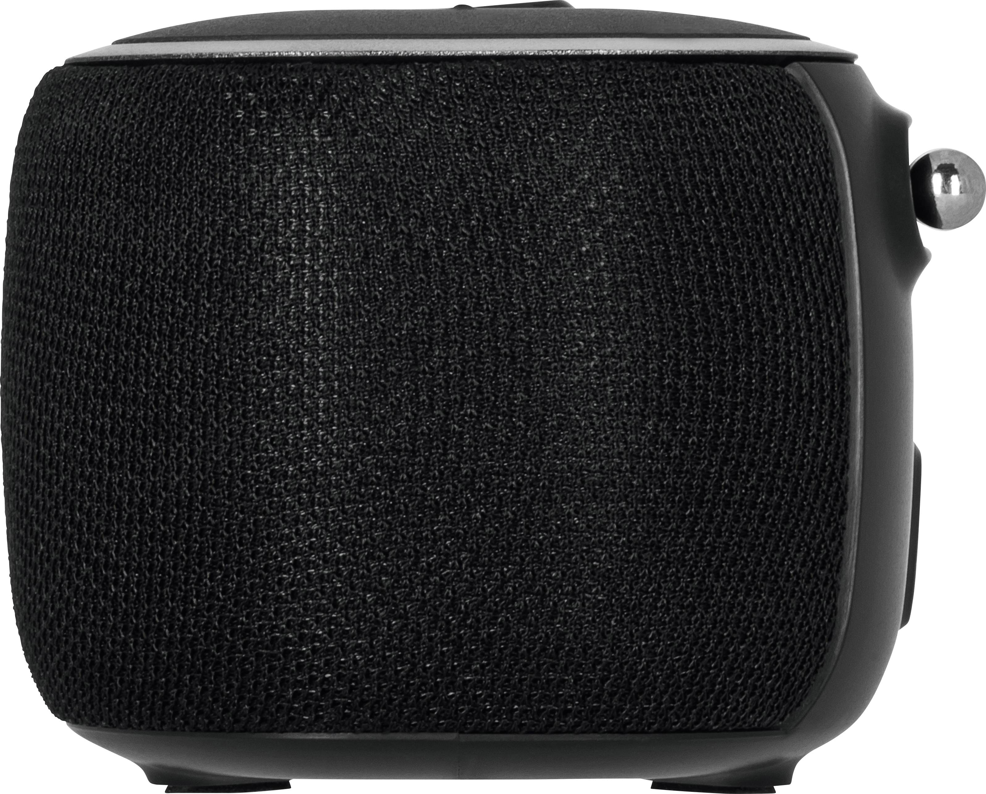 Black, portable speaker with mesh grille, compact and rectangular, suitable for mobile audio enjoyment.