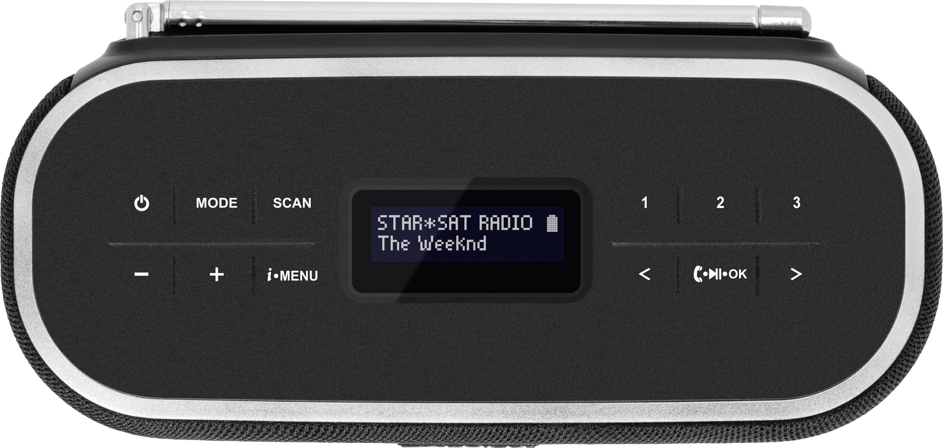 A radio with a digital display shows the station 'STAR*SAT RADIO' and the current song 'The Weeknd'. Buttons for station selection and volume control are present.