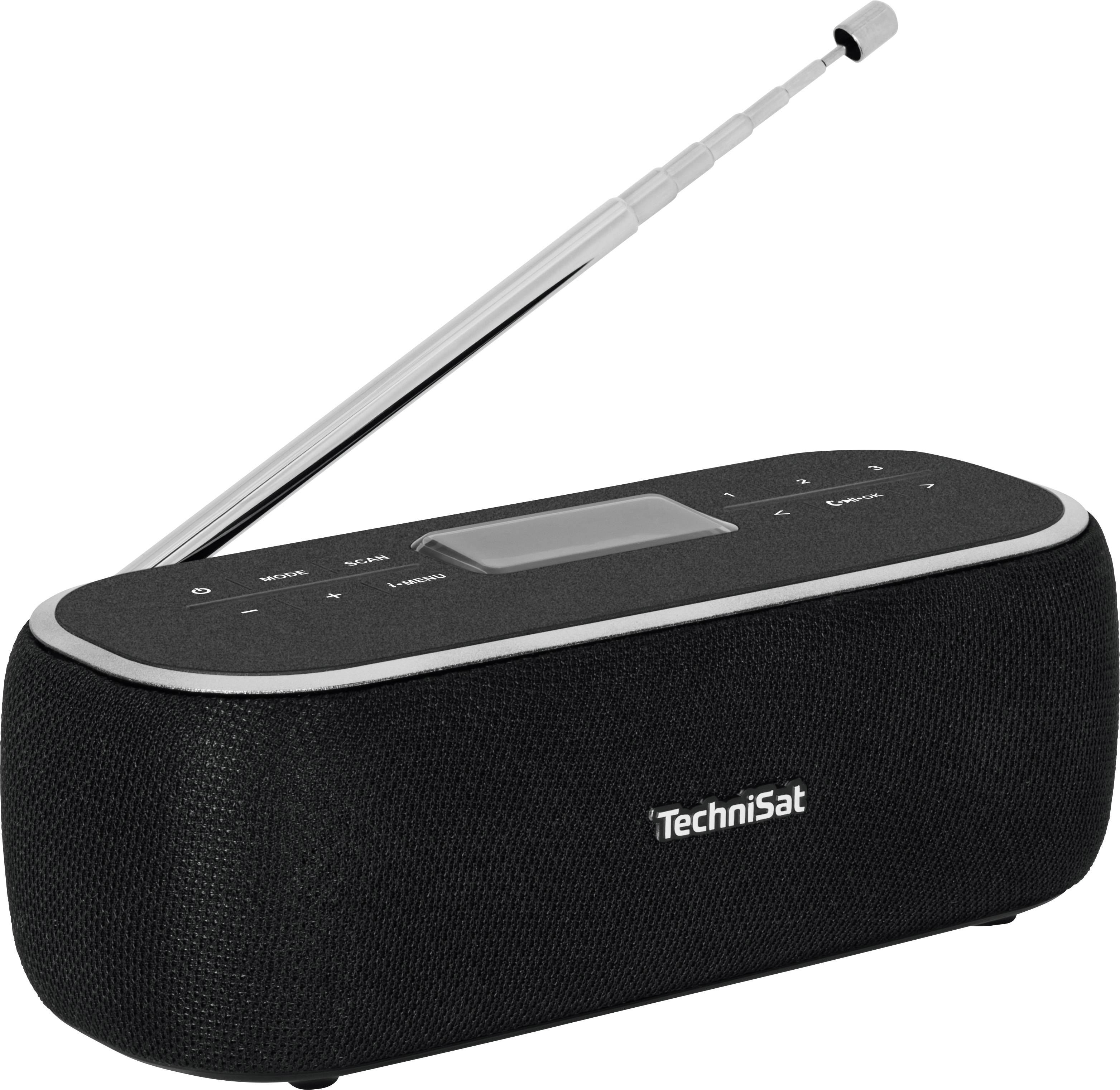 A portable, black radio by TechniSat with an extendable aerial and control buttons on the top surface.