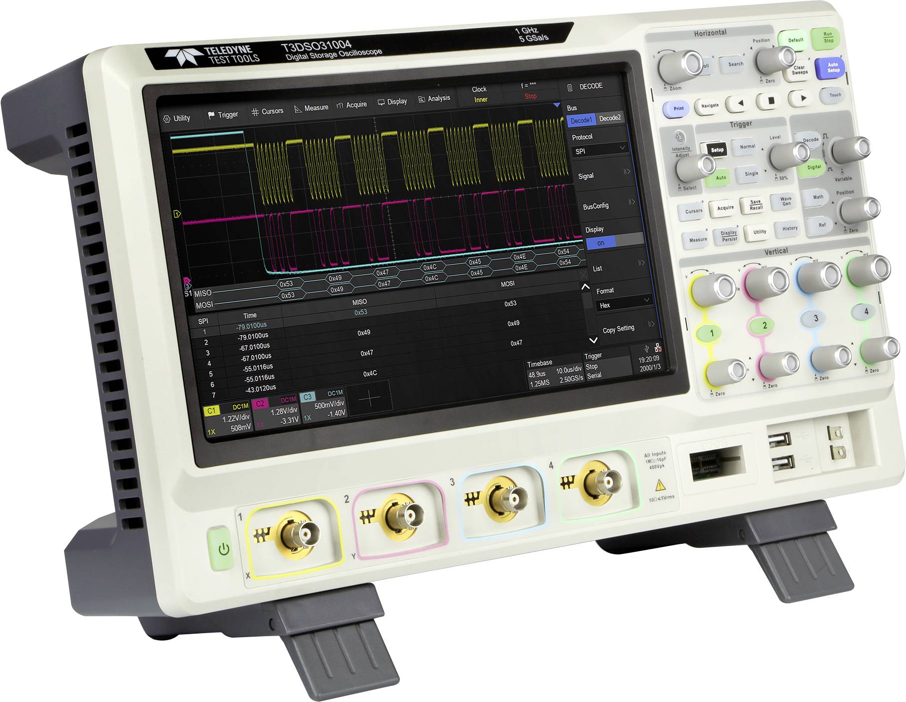 An oscilloscope with a digital screen displays a wave representation and various control buttons for signal adjustment.