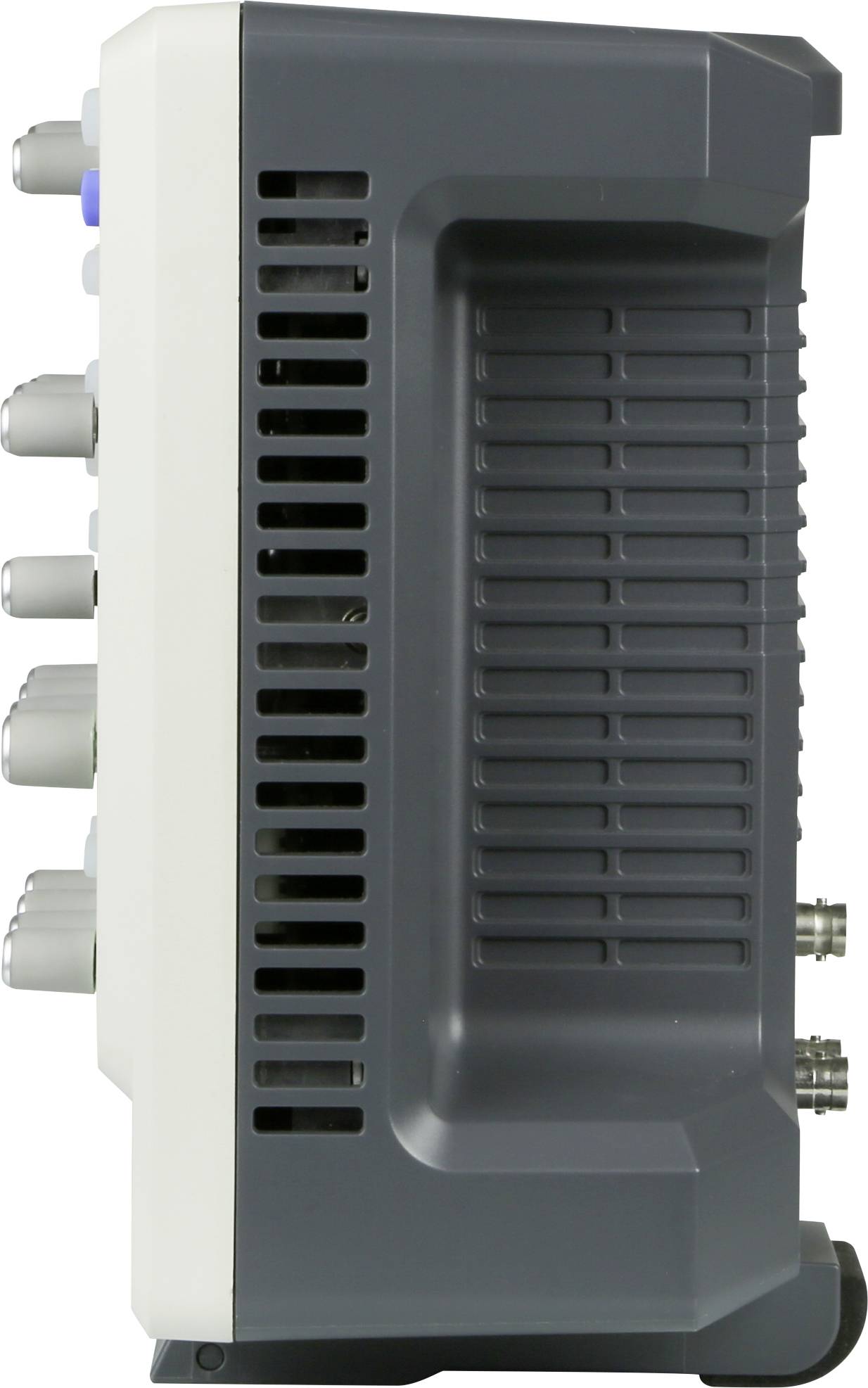 A side view of an electronic device with multiple ports and ventilation slots, possibly an oscilloscope.